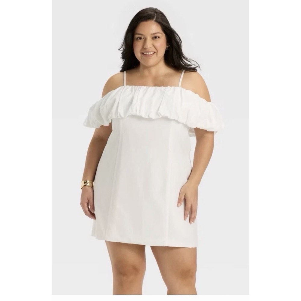 A New Day Women's Size 24 White Ruffle Mini A-Line Dress Coastal Chic Minimalist